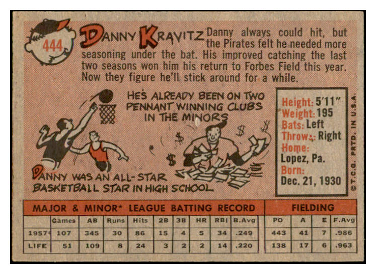 1958 Topps Baseball #444 Danny Kravitz Pirates EX-MT 536067