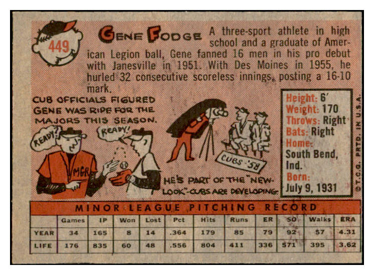 1958 Topps Baseball #449 Gene Fodge Cubs EX-MT 536069