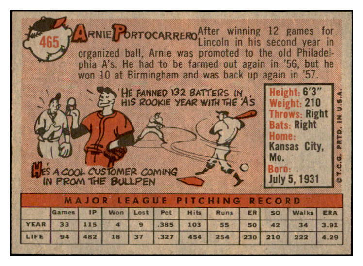 1958 Topps Baseball #465 Arnie Portocarrero Orioles EX-MT 536087