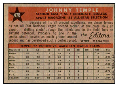 1958 Topps Baseball #478 Johnny Temple A.S. Reds EX-MT 536100
