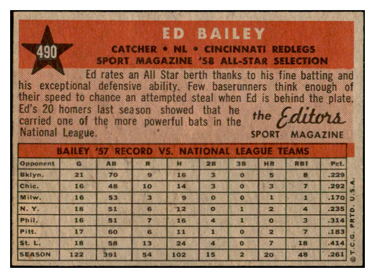 1958 Topps Baseball #490 Ed Bailey A.S. Reds EX-MT 536104