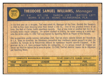 1970 O Pee Chee #211 Ted Williams Senators EX 536294