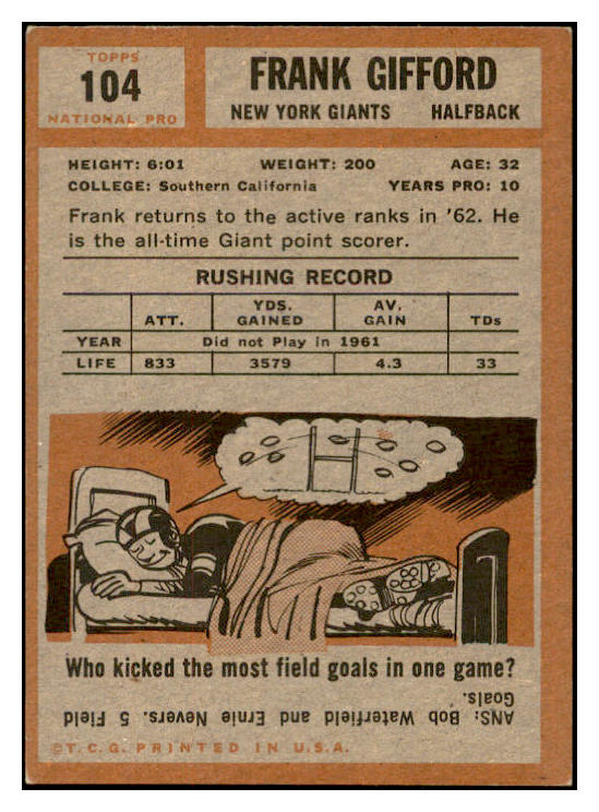 1962 Topps Football #104 Frank Gifford Giants EX+/EX-MT 536326