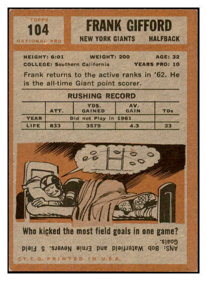 1962 Topps Football #104 Frank Gifford Giants EX+/EX-MT 536326