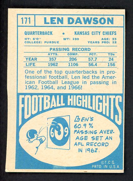 1968 Topps Football #171 Len Dawson Chiefs VG-EX 536391