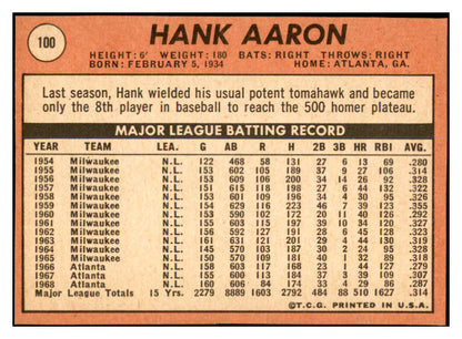 1969 Topps Baseball #100 Hank Aaron Braves EX-MT 536398