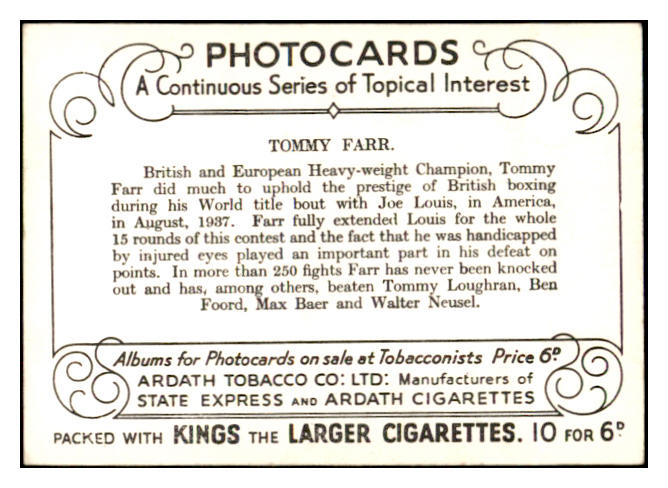 1937 Ardath Topical Interest Tommy Farr Boxer EX-MT 536447