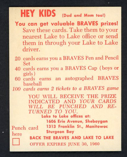 1960 Lake To Lake Bob Buhl Braves EX-MT 536630