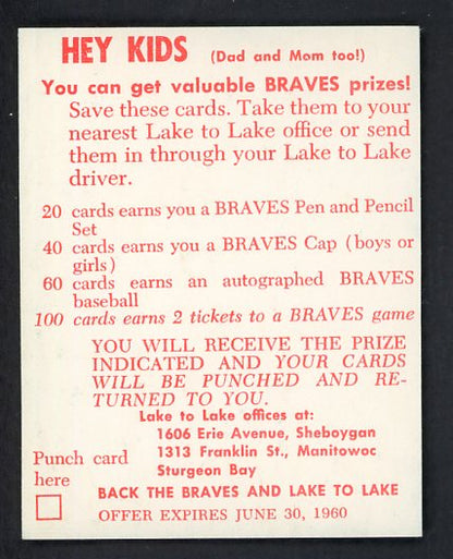 1960 Lake To Lake Red Schoendienst Braves EX-MT 536632