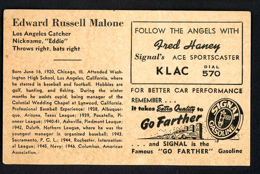 1947 Signal Oil Eddie Malone Los Angeles VG-EX 537113
