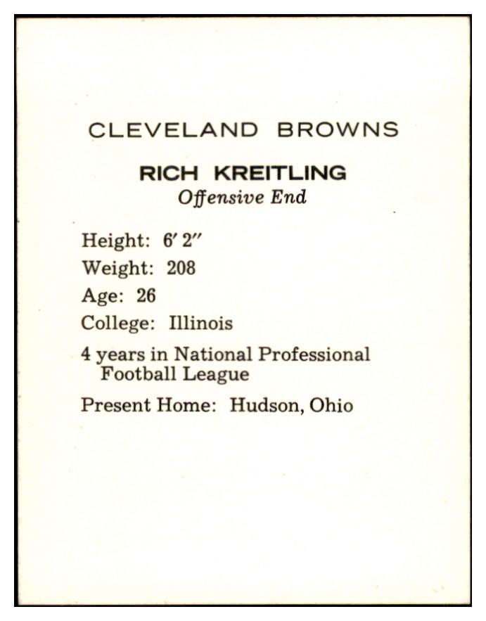 1962 Kahns Football Rich Kreitling Browns NR-MT 537200