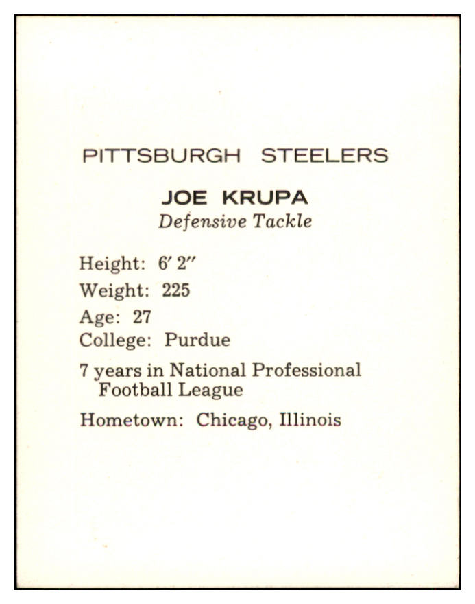 1962 Kahns Football Joe Krupa Steelers NR-MT 537201