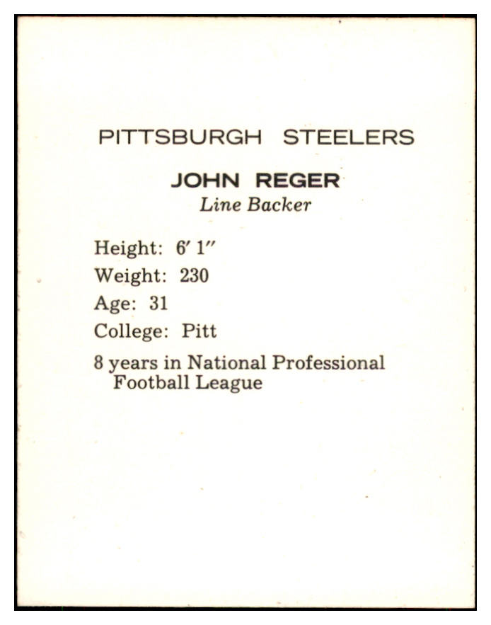 1962 Kahns Football John Reger Steelers NR-MT 537213