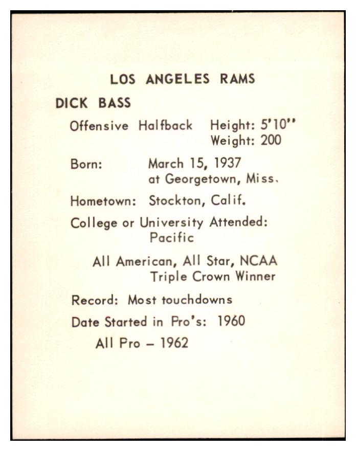 1963 Kahns Football Dick Bass Rams NR-MT 537221