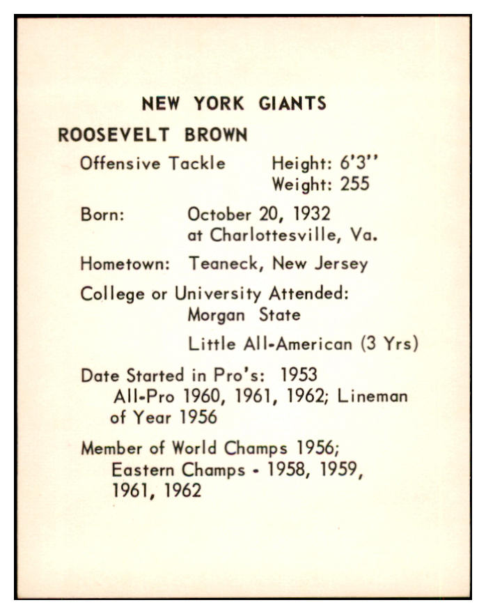 1963 Kahns Football Roosevelt Brown Giants NR-MT 537222