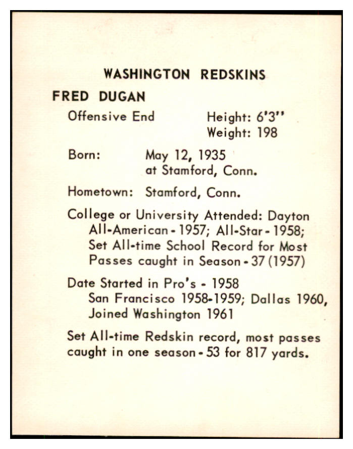 1963 Kahns Football Fred Dugan Washington NR-MT 537228