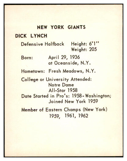 1963 Kahns Football Dick Lynch Giants NR-MT 537243