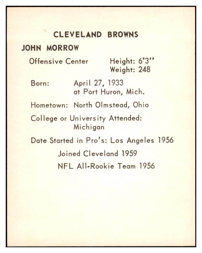 1963 Kahns Football John Morrow Browns NR-MT 537248