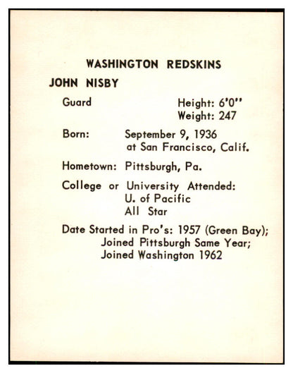 1963 Kahns Football John Nisby Washington NR-MT 537249