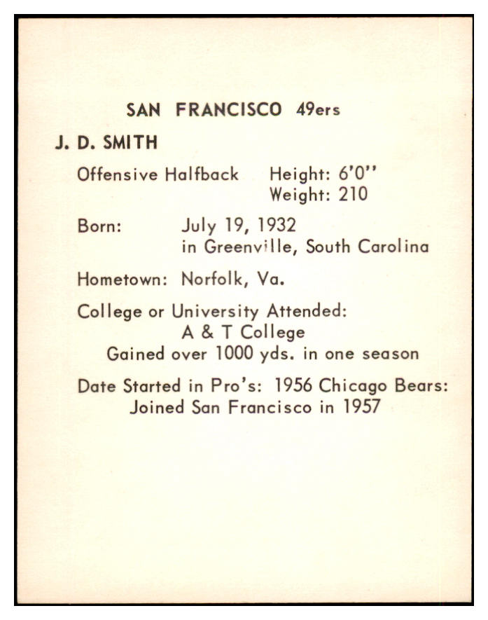 1963 Kahns Football J.D. Smith 49ers NR-MT 537262