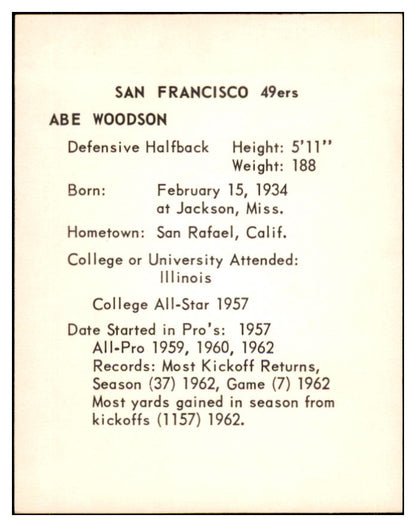 1963 Kahns Football Abe Woodson 49ers NR-MT 537272