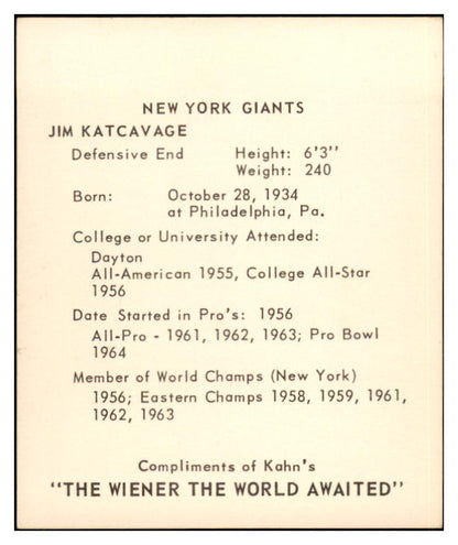 1964 Kahns Football Jim Katcavage Giants NR-MT 537279