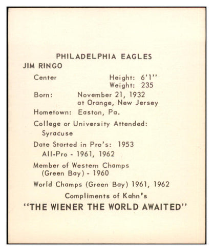 1964 Kahns Football Jim Ringo Eagles NR-MT 537285