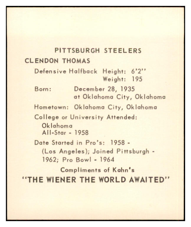 1964 Kahns Football Clendon Thomas Steelers NR-MT 537291