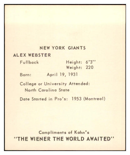 1964 Kahns Football Alex Webster Giants NR-MT 537294