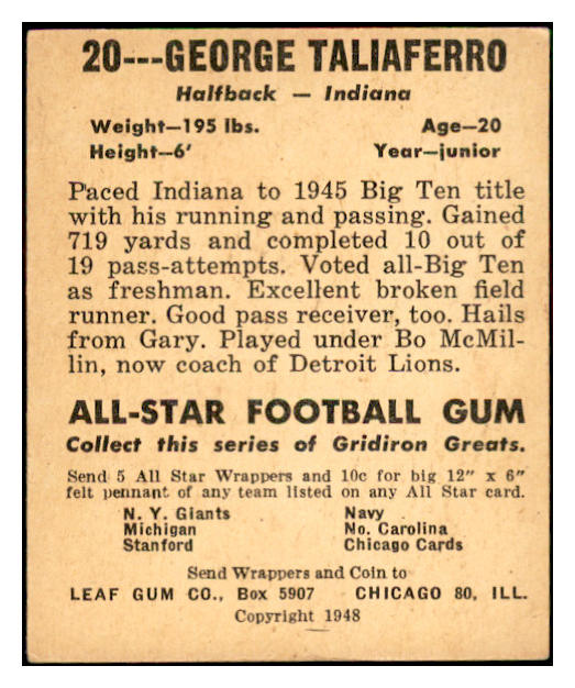 1948 Leaf Football #020 George Taliaferro Indiana EX-MT 537301