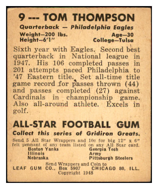 1948 Leaf Football #009 Tom Thompson Eagles EX 537305