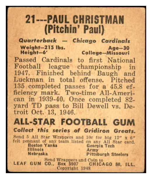 1948 Leaf Football #021 Paul Christman Cardinals VG-EX 537306
