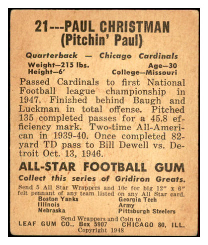 1948 Leaf Football #021 Paul Christman Cardinals VG-EX 537306