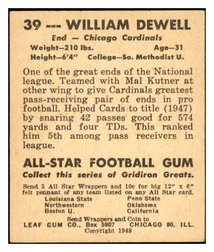1948 Leaf Football #039 Bill Dewell Cardinals NR-MT 537307