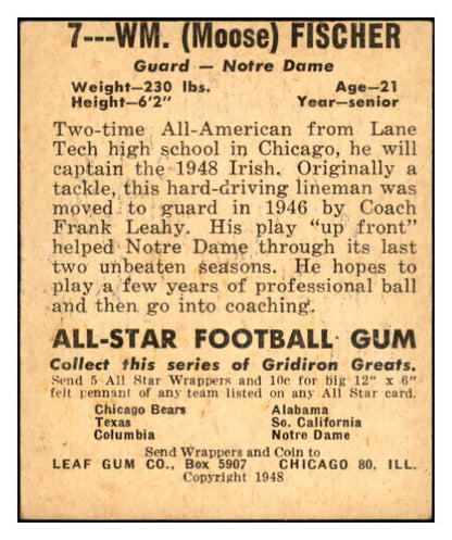 1948 Leaf Football #007 Bill Fischer Notre Dame EX/EX+ 537314