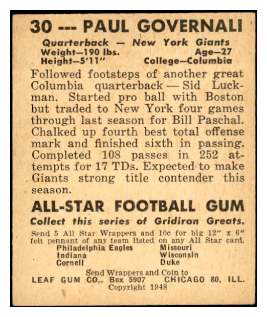 1948 Leaf Football #030 Paul Governali Giants EX 537317