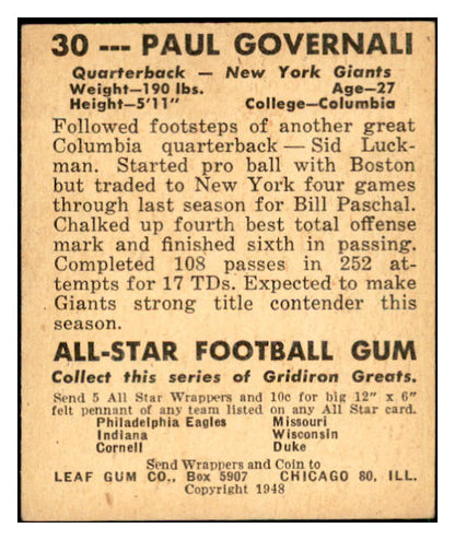 1948 Leaf Football #030 Paul Governali Giants EX 537317