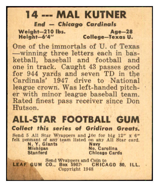 1948 Leaf Football #014 Mal Kutner Cardinals VG 537324