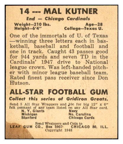 1948 Leaf Football #014 Mal Kutner Cardinals VG 537324