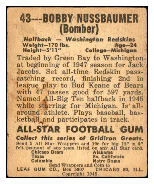 1948 Leaf Football #043 Bobby Nussbaumer Washington GD-VG 537325