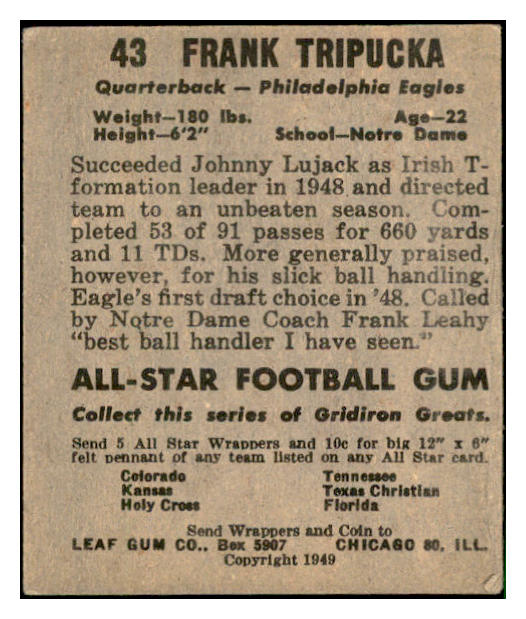 1949 Leaf Football #043 Frank Tripucka Eagles EX 537334