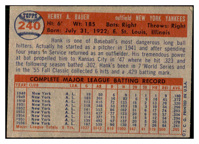 1957 Topps Baseball #240 Hank Bauer Yankees EX-MT 537407