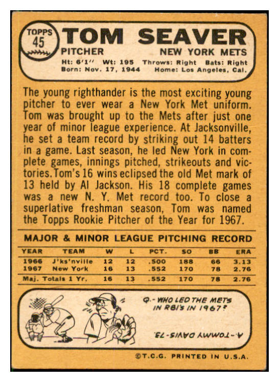 1968 Topps Baseball #045 Tom Seaver Mets VG 537426
