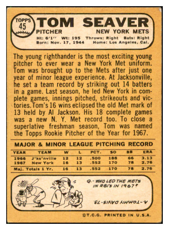 1968 Topps Baseball #045 Tom Seaver Mets EX 537427