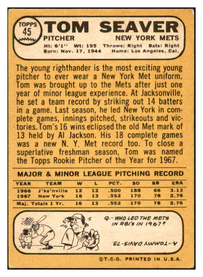 1968 Topps Baseball #045 Tom Seaver Mets EX 537427