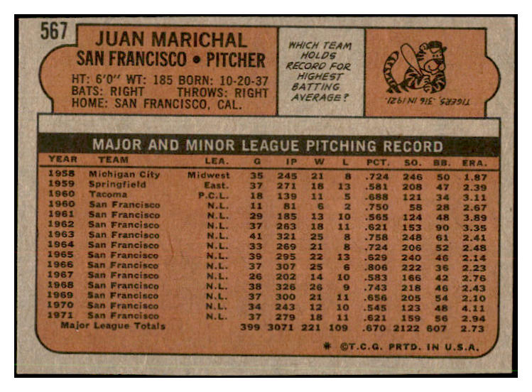1972 Topps Baseball #567 Juan Marichal Giants EX-MT 537451