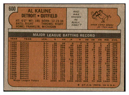 1972 Topps Baseball #600 Al Kaline Tigers EX 537454