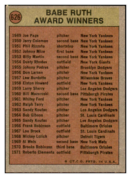 1972 Topps Baseball #626 Babe Ruth Award VG-EX 537457