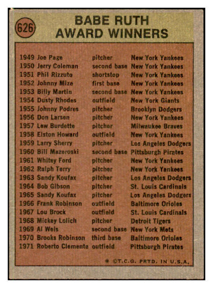 1972 Topps Baseball #626 Babe Ruth Award VG-EX 537457