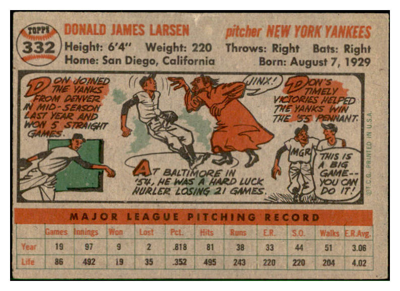 1956 Topps Baseball #332 Don Larsen Yankees EX 537491